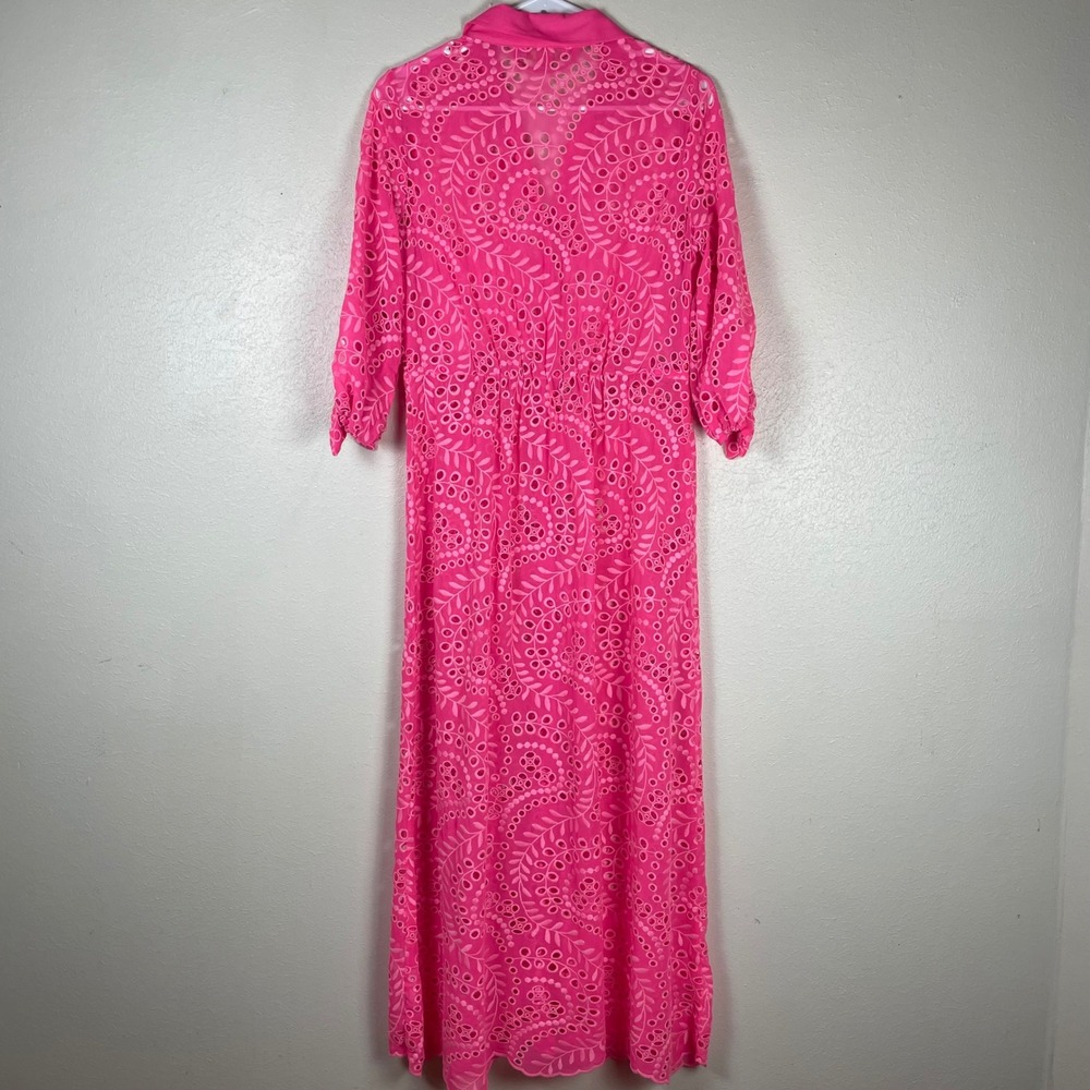 Hot Pink Eyelet Embroidery Button Front Maxi Dress Collared 3/4 Sleeve Scalloped - Picture 4 of 7